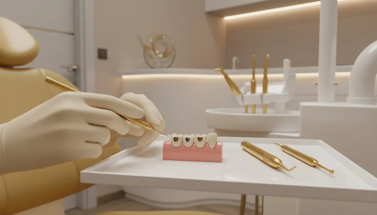 Model dentar cu adancituri de uzura pe dinti, examinat cu o sonda de medic, Clinica NEO Baia Mare