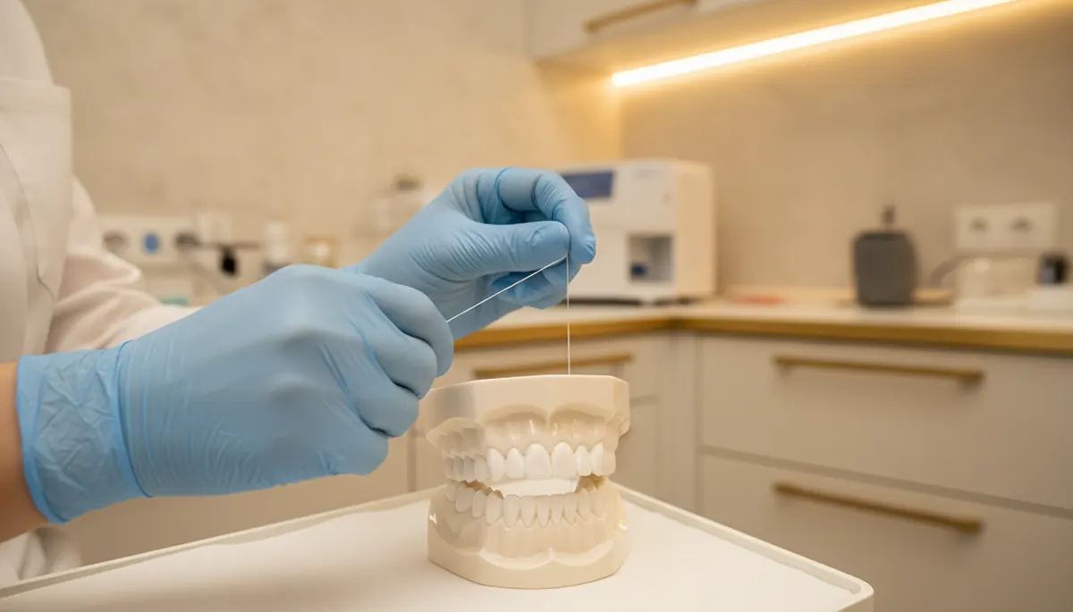 Model dentar si un segment de ata dentara intins intre mainile cu manusi, Clinica NEO Baia Mare