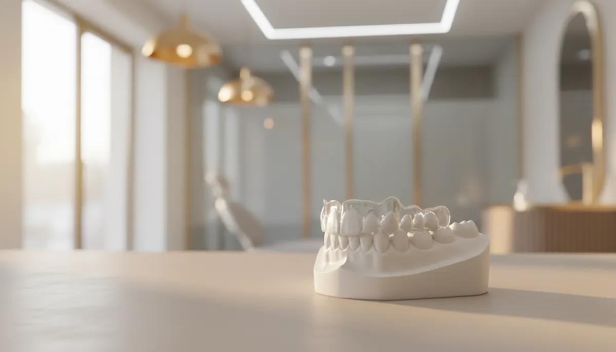 Gutiera dentara transparenta si model din ghips pe un birou luminos, Clinica NEO Baia Mare