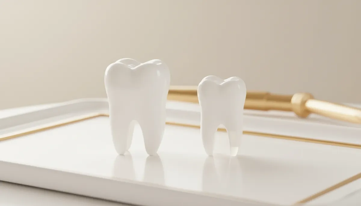 Comparație între un dinte cu smalț sănătos, potrivit pentru o fațetă, și un dinte cu prea puțină structură rămasă, unde se recomandă o coroană