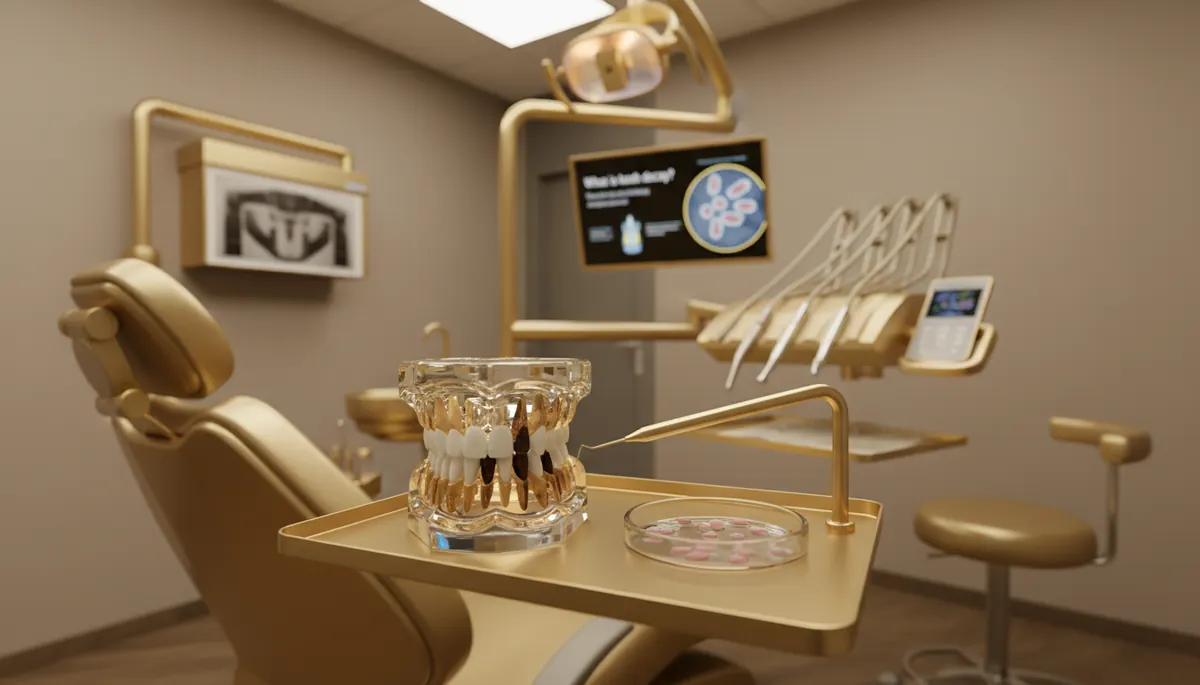 Prim-plan cu un model dentar si o sonda stomatologica care verifica santul unui molar, cabinet Clinica NEO Baia Mare