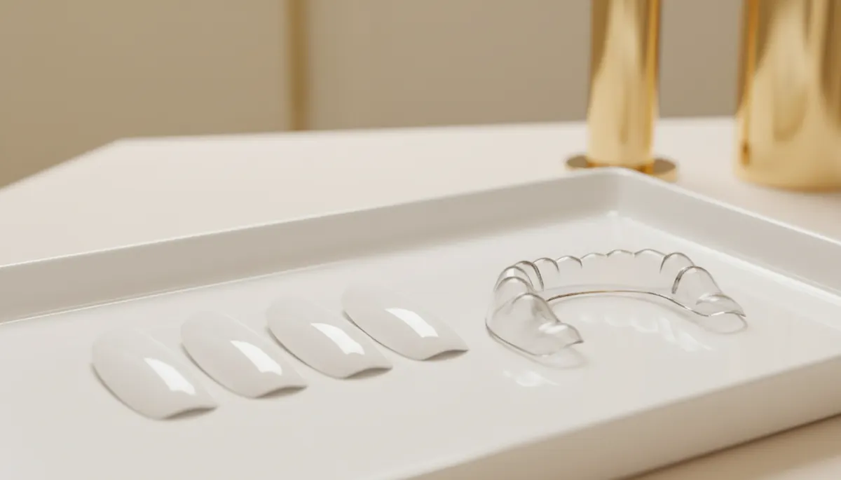 Set de fațete dentare din ceramică pe un model, alături de o gutieră de noapte transparentă, ilustrând întreținerea care le prelungește durata