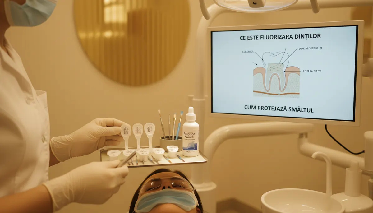 Prim-plan cu pregatirea materialelor pentru fluorizare pe un blat luminos de cabinet stomatologic, Clinica NEO Baia Mare