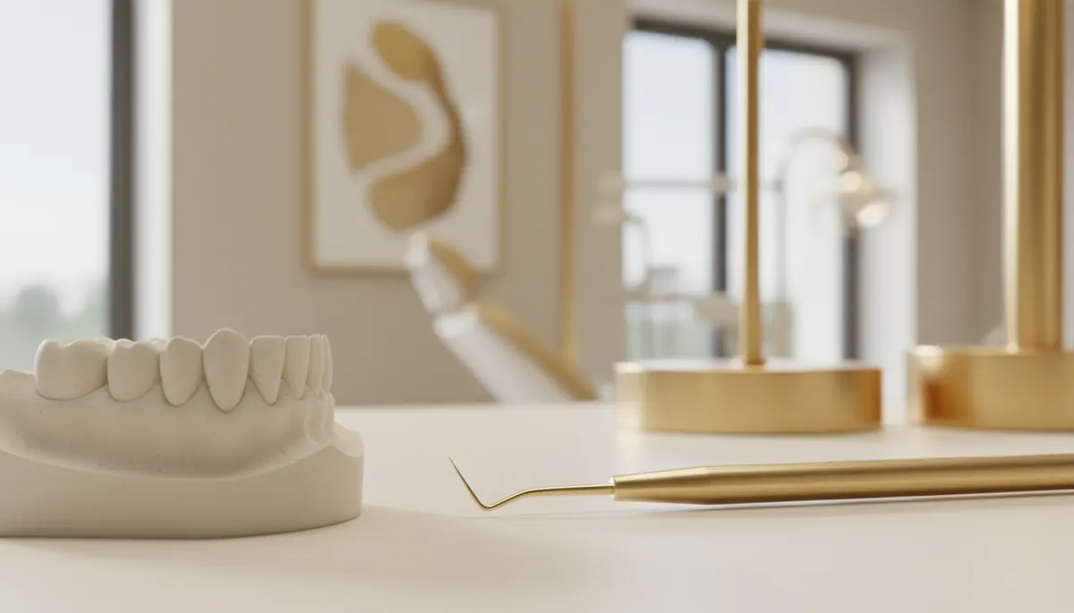 Model dentar din ipsos al maxilarului inferior si o sonda dentara pe un birou luminos, Clinica NEO Baia Mare