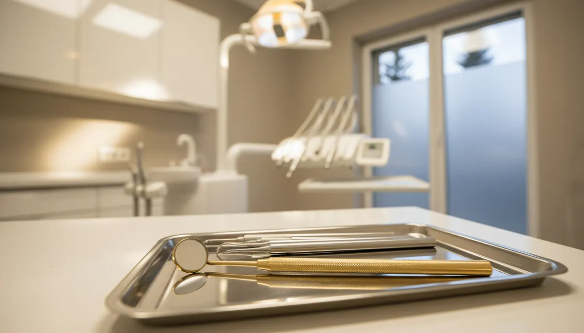 Instrumente stomatologice pe o tavă metalică, în primul plan, cu cabinetul estompat în fundal, Clinica NEO Baia Mare