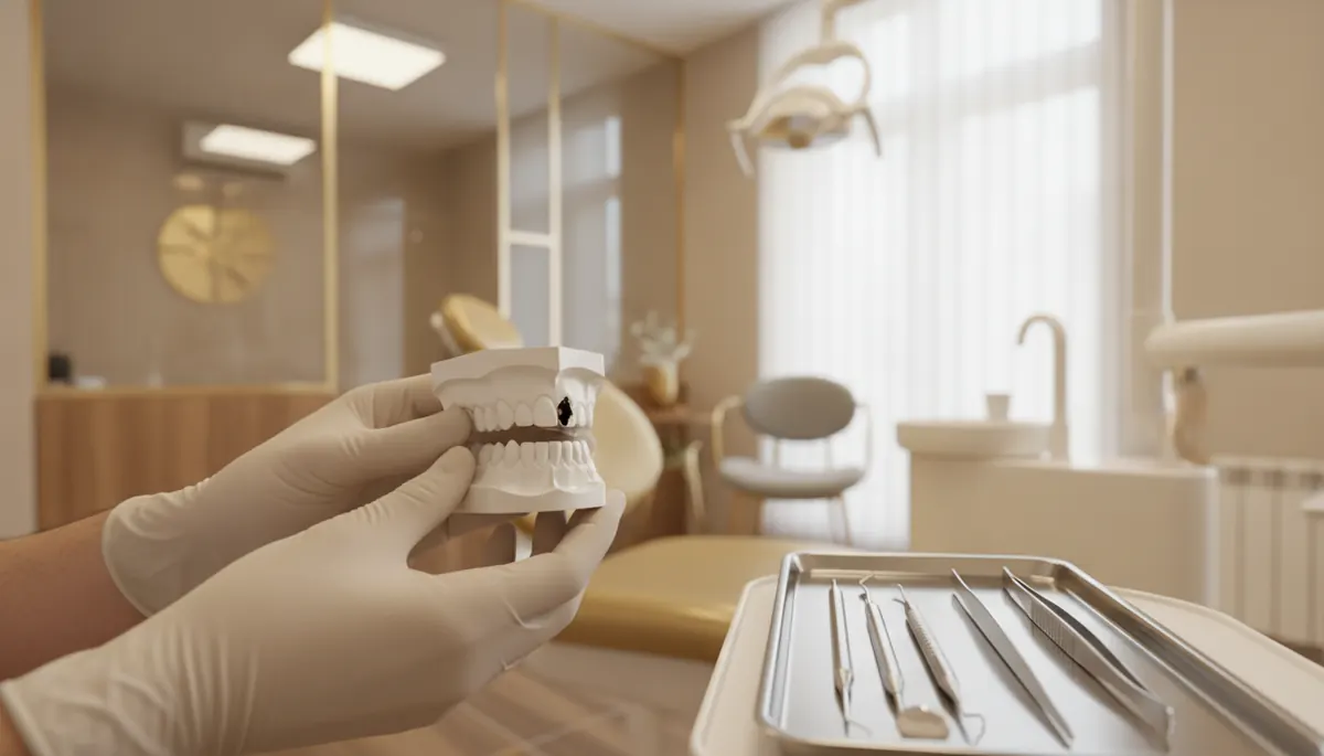 Medic care tine un model dentar cu un dinte ciobit, langa o tava cu instrumente stomatologice, Clinica NEO Baia Mare