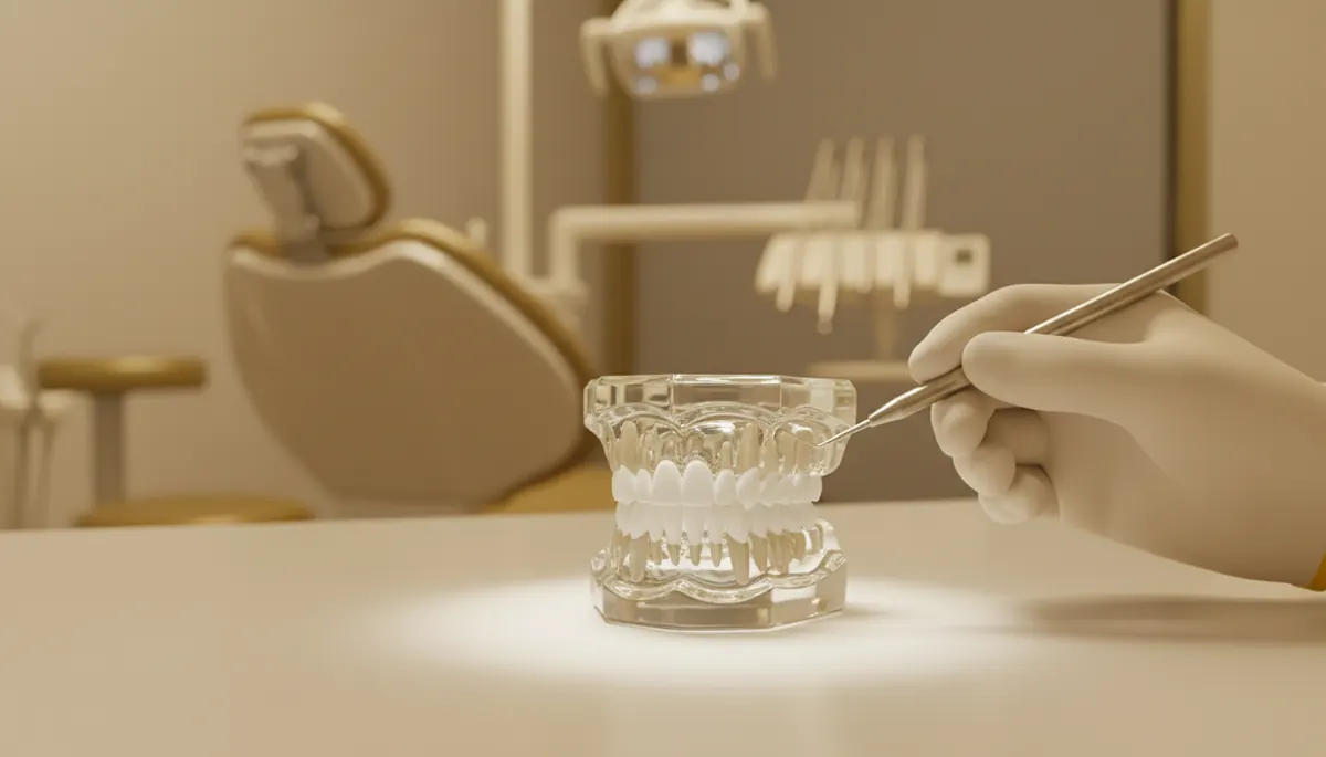 Medic care indică șanțurile molarilor pe un model dentar transparent, ilustrând sigilarea dinților, Clinica NEO Baia Mare